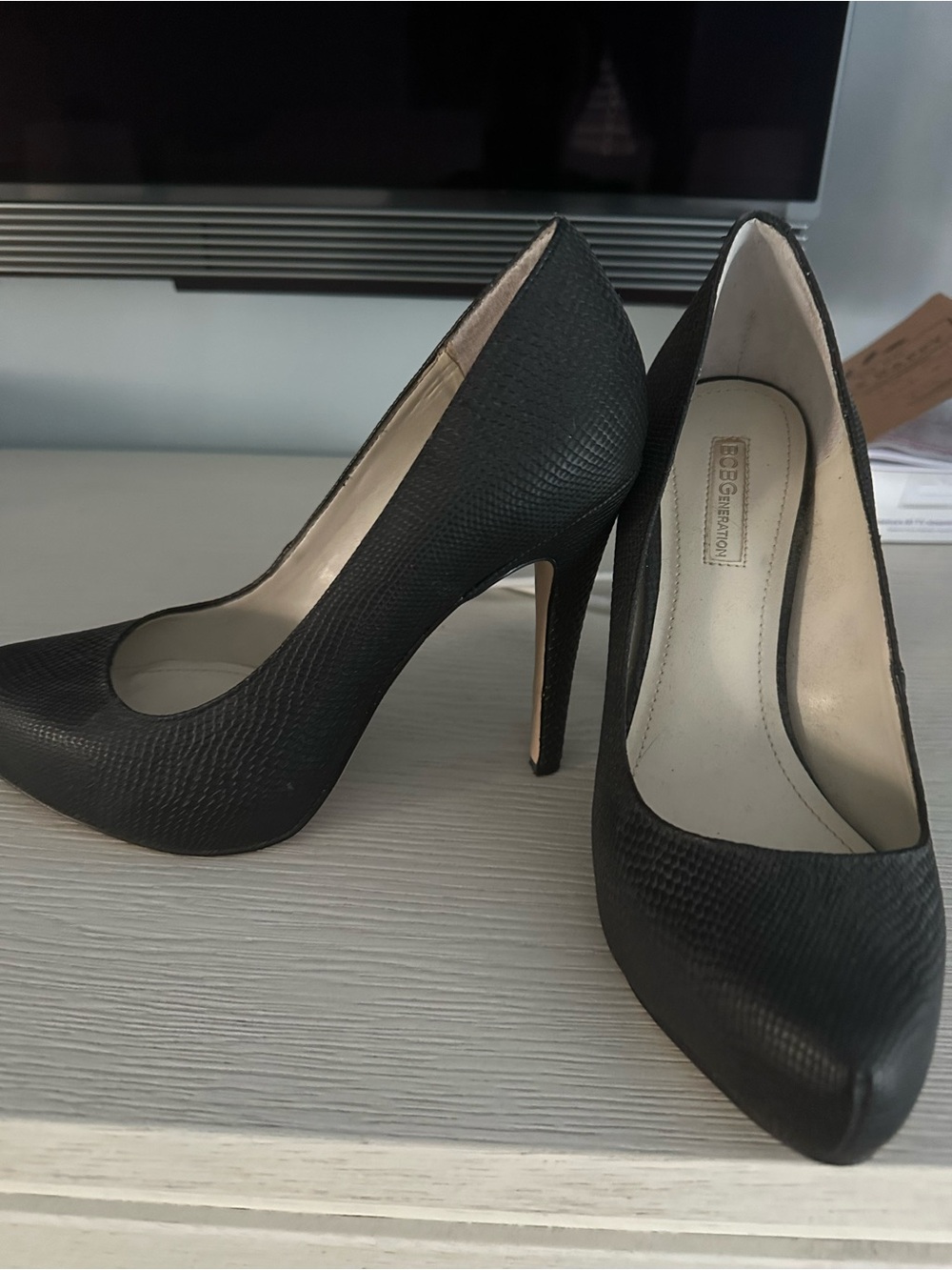 BCBGeneration Black Textured Pointed-Toe Pumps - Picture 2 of 4